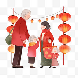 孩子给爷爷图片_新年一家人赏灯卡通元素手绘