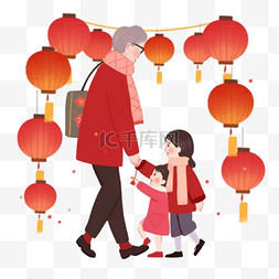 购物袋简笔画图片_新年卡通手绘一家人赏灯元素