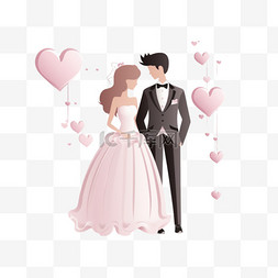 粉色心的图片_卡通新娘和新郎在结婚卡片上的粉