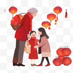 购物袋红色图片_一家人赏灯新年卡通手绘元素