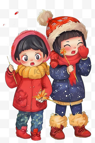 小孩拿鞭炮图片素材_新年卡通孩子放烟花手绘元素