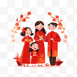 春节红色喜庆背景图片_新年一家人拜年祝福卡通手绘元素