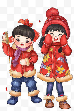 女孩放烟花图片_新年孩子放烟花元素卡通手绘