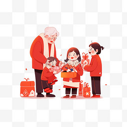红色喜庆背景素材图片_新年孩子给长辈拜年手绘卡通元素