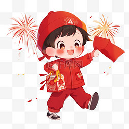 红色新年帽子图片_烟花新年孩子卡通手绘元素