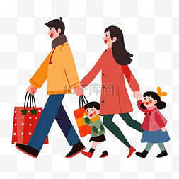 走路购物图片_新年一家人逛街购物元素简约手绘