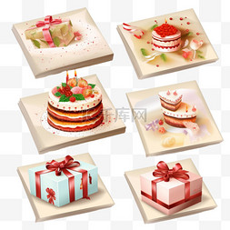 蛋糕生日卡图片_生日贺卡，配有逼真的蛋糕和礼盒
