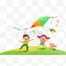 春天卡通孩子放风筝手绘元素