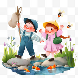 孩子钓鱼卡通图片_手绘春天孩子河边钓鱼卡通元素