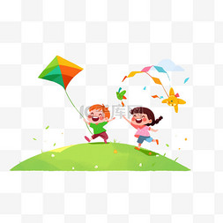 春天手绘孩子放风筝卡通元素