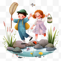 小石子背景图片_春天卡通手绘孩子河边钓鱼元素