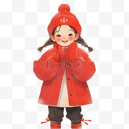 红色帽子的女孩图片_新年可爱女孩拜年手绘卡通元素