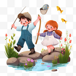 河边摸鱼图片_手绘春天卡通孩子河边钓鱼元素