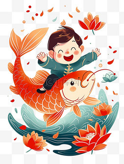 春节气氛图片_新年鲤鱼孩子喜庆卡通手绘元素