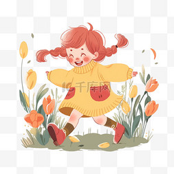 红色的花丛图片_可爱女孩春天奔跑花丛卡通手绘元
