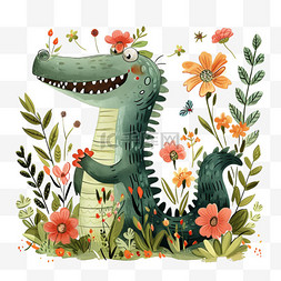 花草可爱动物鳄鱼卡通手绘元素