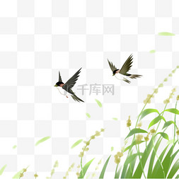 绿色手绘春天背景图片_燕子麦穗春天卡通手绘元素
