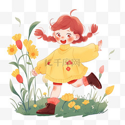 红色的花丛图片_花丛春天可爱女孩奔跑卡通手绘元
