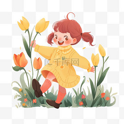 红色的花丛图片_卡通春天可爱女孩奔跑花丛手绘元
