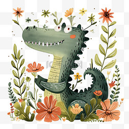 可爱动物鳄鱼花草卡通元素手绘