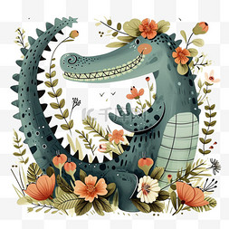 可爱动物鳄鱼元素花草卡通手绘