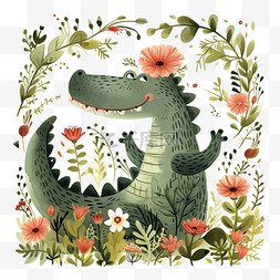 可爱动物手绘鳄鱼花草卡通元素