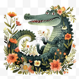 手绘花朵插图图片_可爱动物卡通手绘鳄鱼花草元素