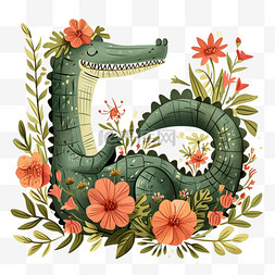 可爱动物鳄鱼手绘花草卡通元素