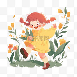 红色的花丛图片_春天可爱女孩奔跑花丛手绘元素卡