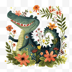 可爱动物鳄鱼花草元素卡通手绘