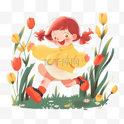 春天手绘元素可爱女孩奔跑花丛卡