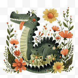 可爱动物卡通鳄鱼花草手绘元素
