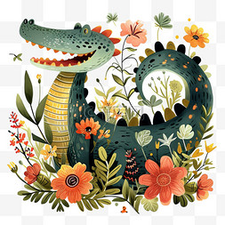 卡通动物与数字图片_卡通手绘可爱动物鳄鱼花草元素