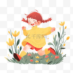 红色的花丛图片_可爱女孩奔跑花丛卡通手绘春天元