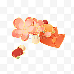 红色系装饰图片_国潮春节花朵红包小物件装饰免抠