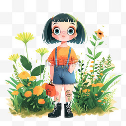 前面有绿色的植物图片_春天卡通可爱女孩旅行手绘元素