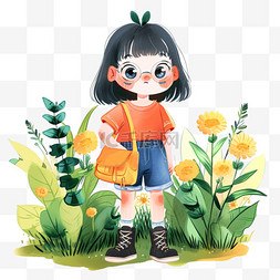 前面有绿色的植物图片_春天可爱女孩旅行手绘卡通元素