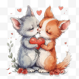 拥抱情侣图片_手绘元素情人节可爱动物小猫卡通