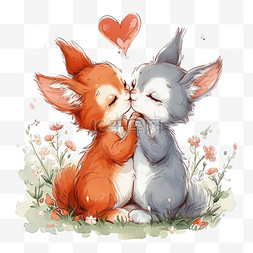 情人节亲吻的情侣图片_情人节手绘元素可爱动物小猫卡通