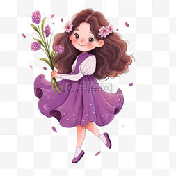 卡通手绘花紫色图片_春天手绘可爱女孩拿花卡通元素