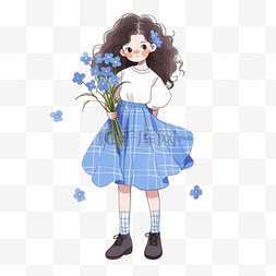 蓝色格子背景图片_春天可爱女孩花卉卡通手绘元素