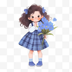 简约格子蓝色背景图片_卡通手绘春天可爱女孩花卉元素