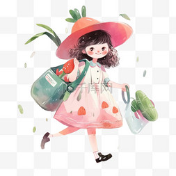 黑色小帽子卡通图片_手绘春天可爱女孩植物浇花卡通元