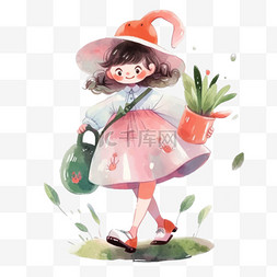 卡通浇植物图片_春天可爱女孩卡通植物浇花手绘元