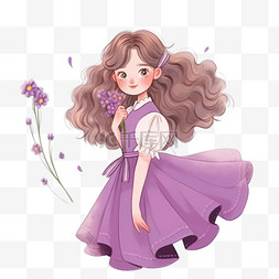 紫色连衣裙卡通图片_可爱女孩拿花卡通春天手绘元素