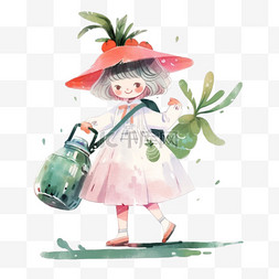 拿包的女孩图片_春天植物可爱女孩浇花卡通手绘元