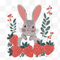 可爱兔子草莓植物卡通元素手绘
