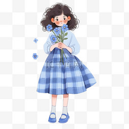 简约格子蓝色背景图片_可爱女孩花卉卡通手绘春天元素
