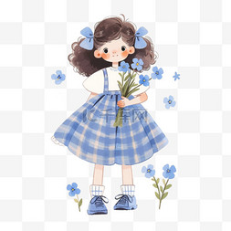 简约格子蓝色背景图片_春天可爱女孩手绘花卉卡通元素