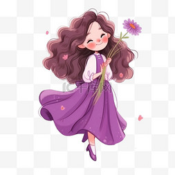 紫色连衣裙女孩图片_春天卡通可爱女孩拿花手绘元素